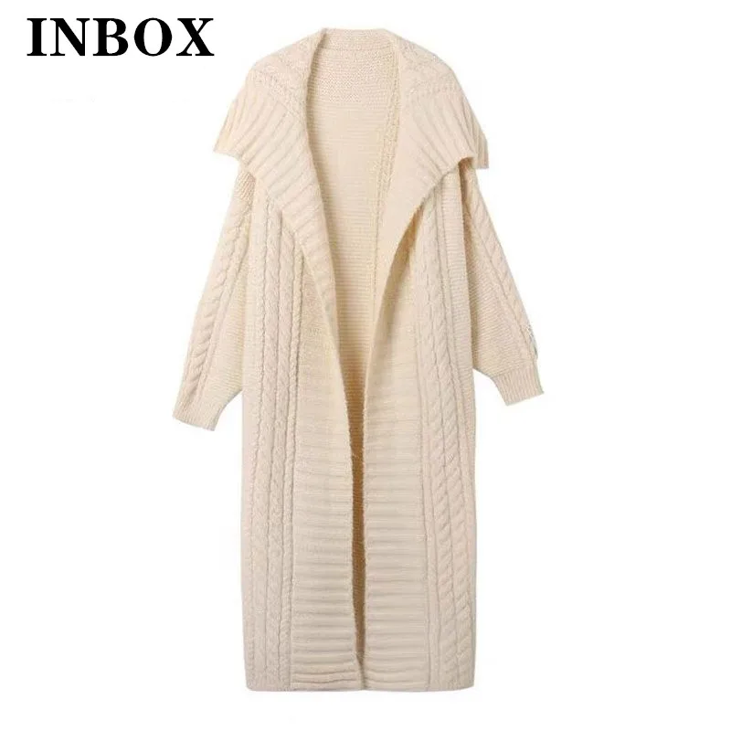 

INBOX French Style Long Cardigan Fashion Lapel Knited Fluffy Casual Solid Color Sweater Warm Coat Woman