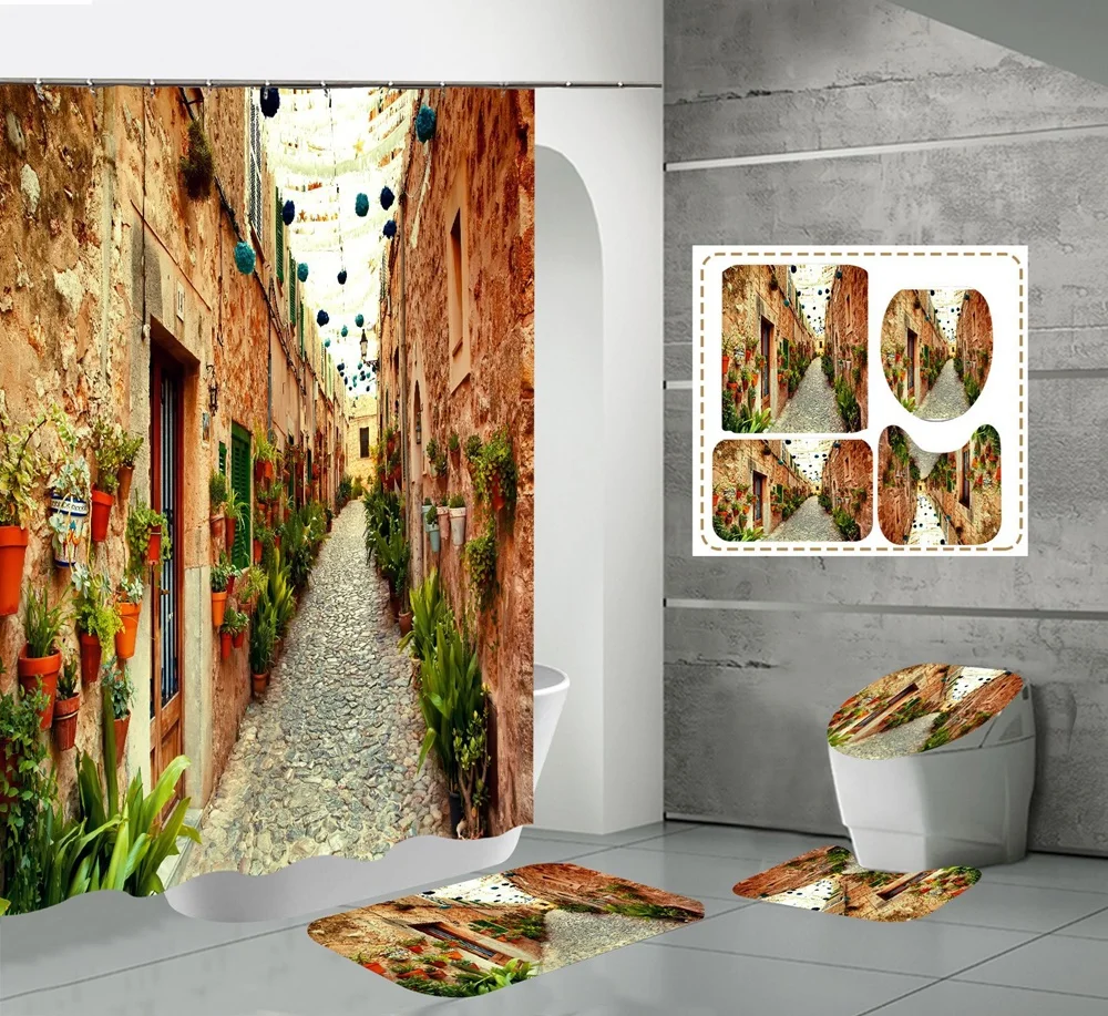 

European Shower Curtain Set Spanish Alley Rock Houses Plant Tourism Scene Mediterranean Cloth Fabric Bathroom Decor Rug Bath Mat