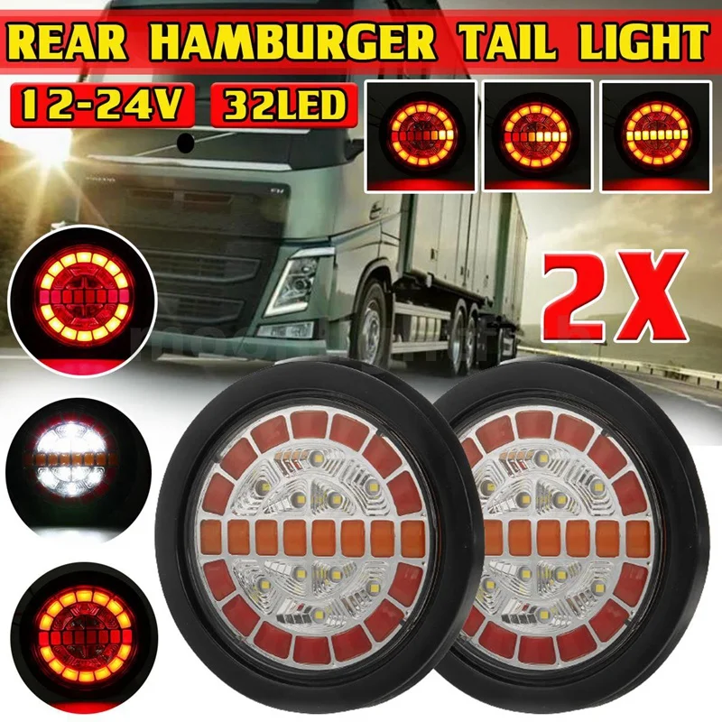 

1 Pair 12V-24V 32 LED Rear Round Hamburger Tail Lamp Light Lorry Truck
