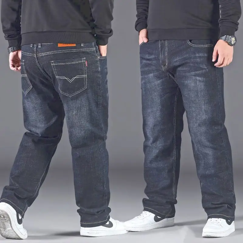Invisible Open-Seat Pants Oversized Jeans Men's Loose Straight Stretch Fleece Thick Trousers Sex Free and Convenient Wild