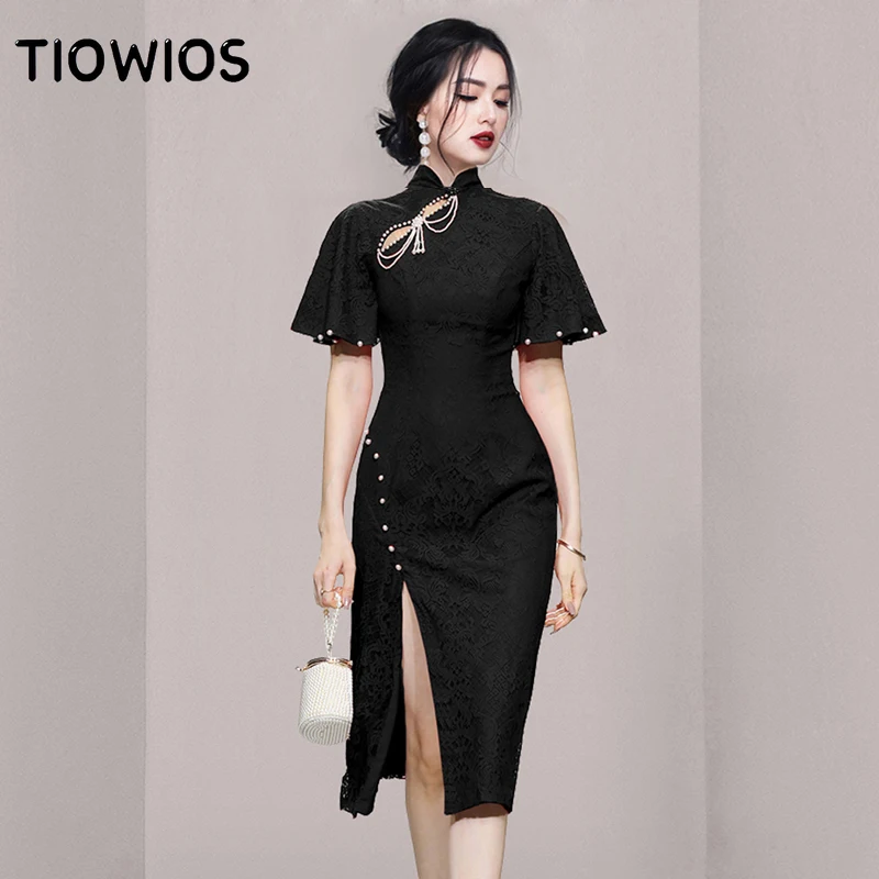 

TIOWIOS 2022 Women In Summer New Slim Temperament Heavy Industry Beading Retro Sexy Split Lace Cheongsam Dress