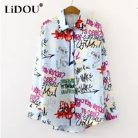spring street style harajuku hipster letter graffiti print long sleeve blouse femme lapel buttons loose casual shirt top women