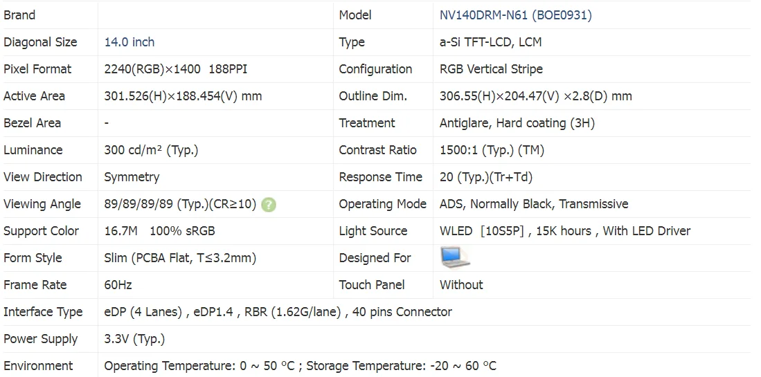 Абсолютно новый оригинальный Φ V8.0 Ультра узкая рамка 40 Pin 2K ЖК-экран NV140DRM 14 0