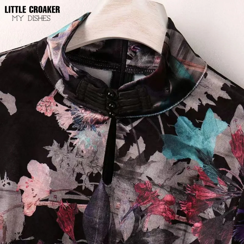 Женское платье-Ципао с цветочным принтом и длинным рукавом