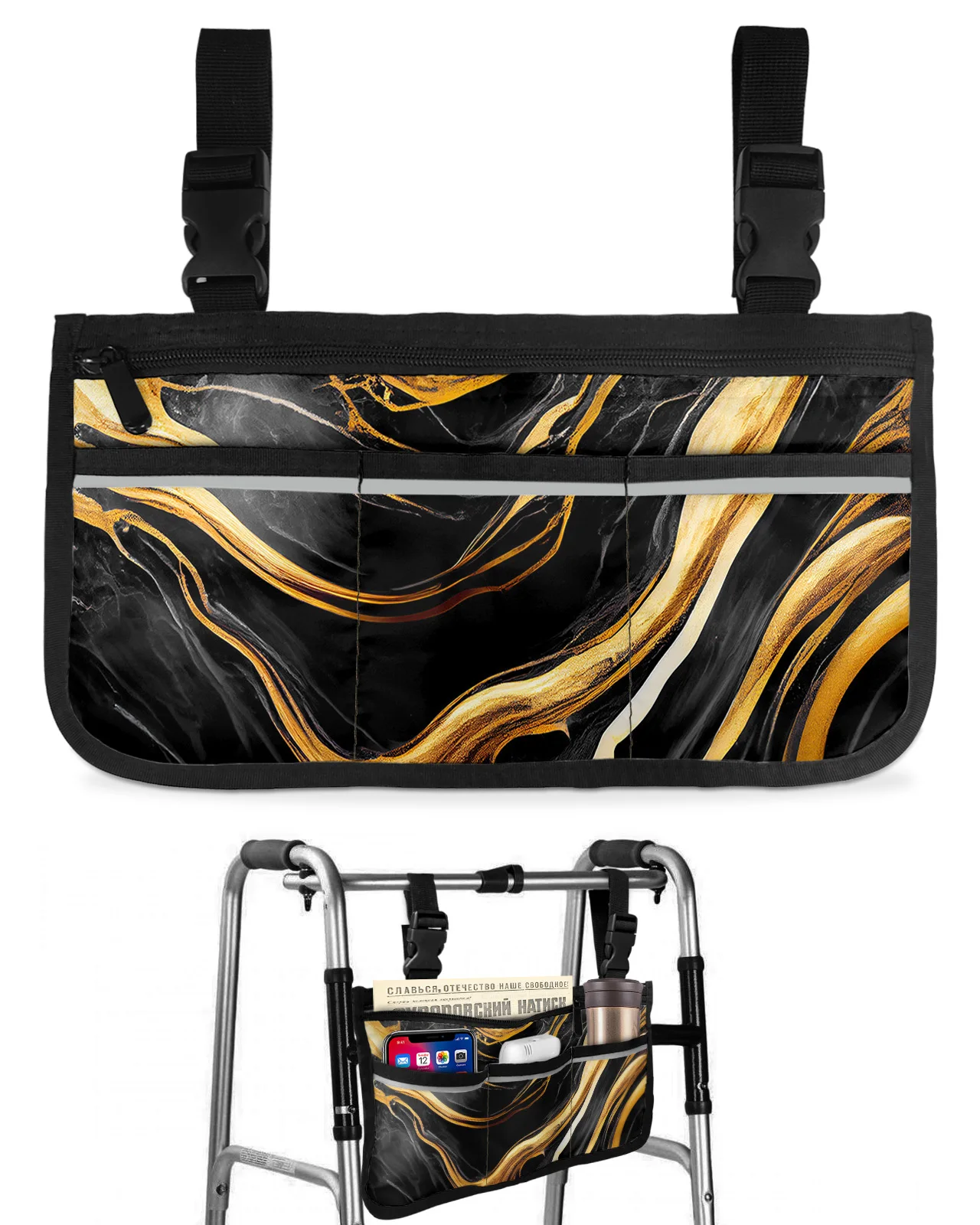 

Marble Texture Black Wheelchair Bag With Pockets Armrest Side Bags Electric Scooter Walking Frame Storage Pouch