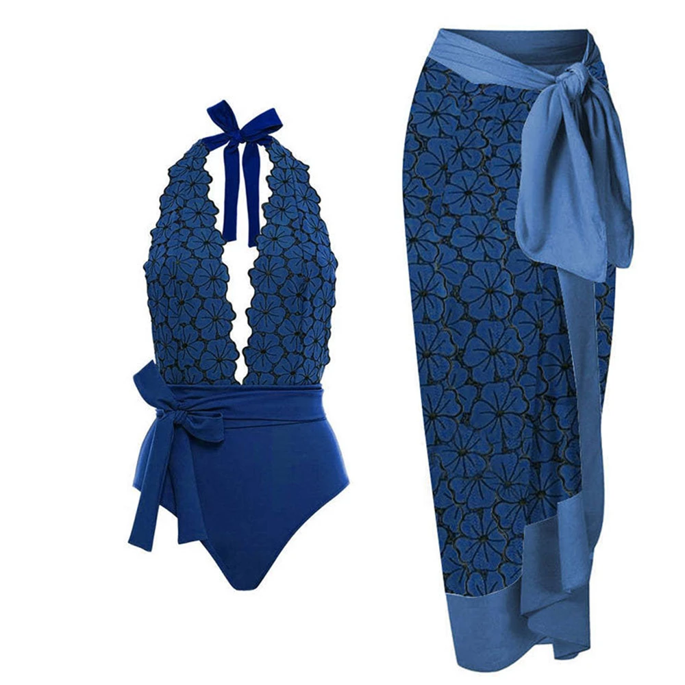 2023 Luxury Women Swimsuit With Cover Up Sexy Deep V Neck Backless One-Piece Swimwear Summer Holiday Bathing Suit Beach Wear