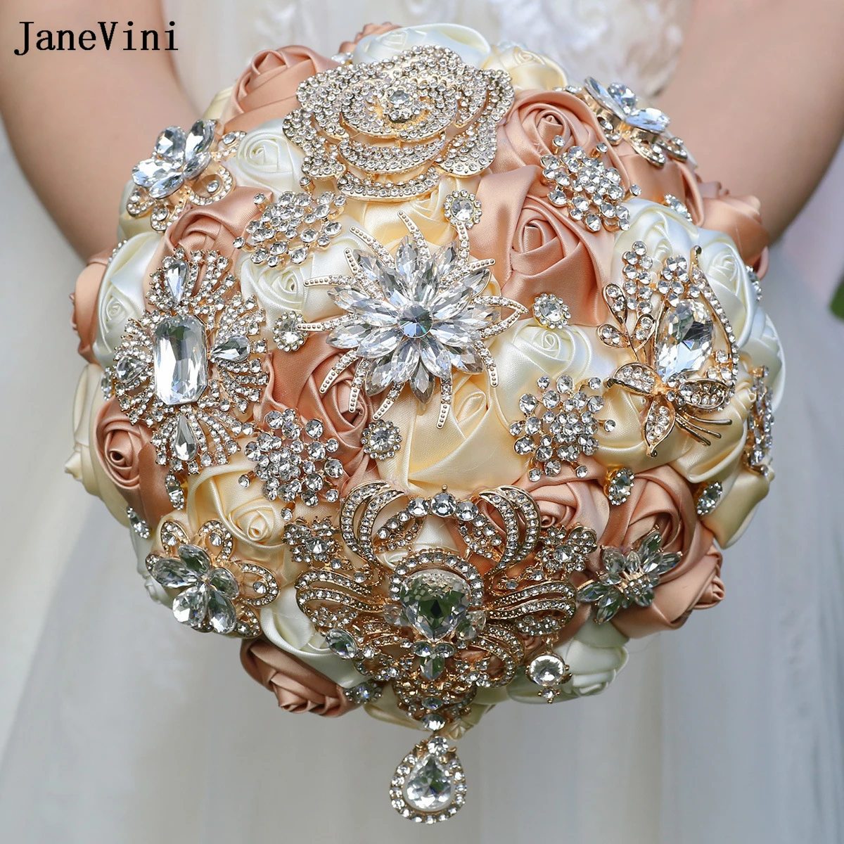 JaneVini Роскошные цветы абрикоса цвета хаки Свадебные букеты блестящие золотые