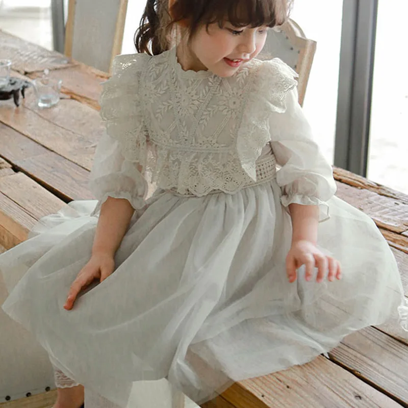 

New Korean Style Spring Summer Kids Girls Dresses Lace Long Sleeves Round Collar Ruffles Child Vestido Baby Dresses CL842