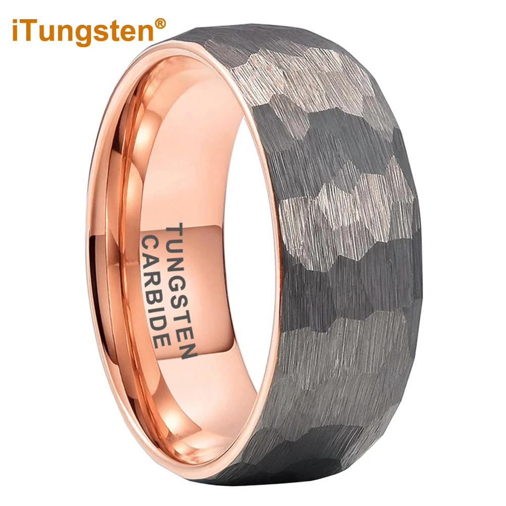 

iTungsten 6mm 8mm Men Women Rose Gold Hammered Tungsten Ring Engagement Wedding Band Trendy Jewelry Two Tone Domed Comfort Fit