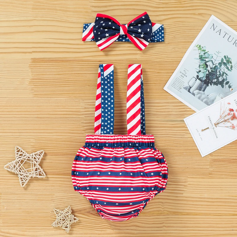 

2022 3-18M Summer Infant Baby Shorts Independence Day Stars and Striped Print Suspender Shorts+Bow-tie/Headband Boys Girls 2pcs
