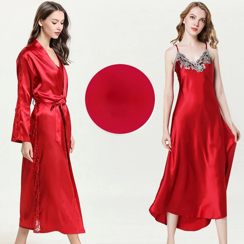 

Женский пижамный комплект из 2 предметов, шелковая длинная Пижама с вышивкой, кружевное банное платье, свадебное Ночное платье, халат с поясом, X109