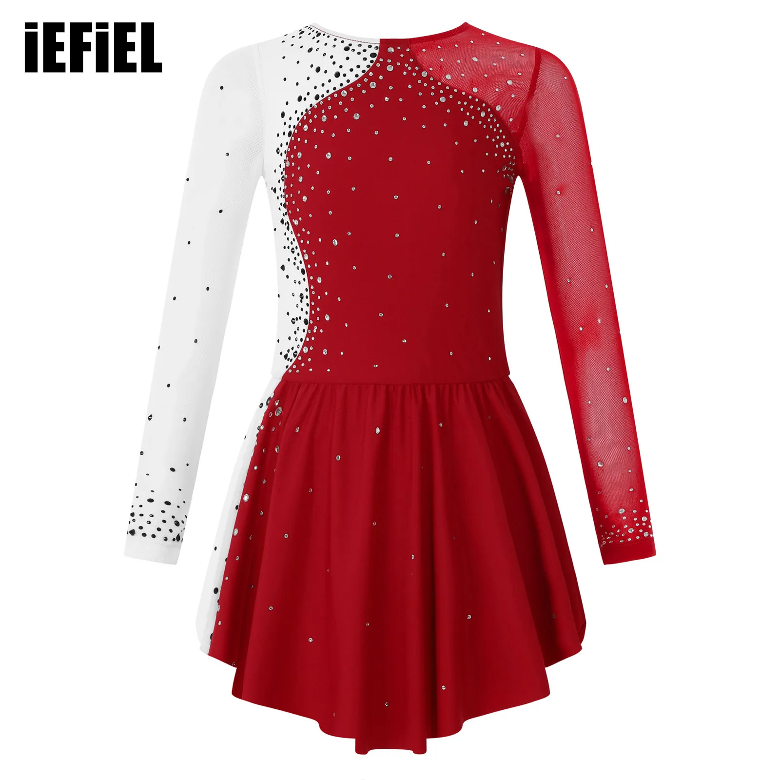 

Детское блестящее танцевальное платье для девочек, стильная одежда с длинным рукавом и круглым вырезом, лоскутное платье контрастных цветов для катания на коньках