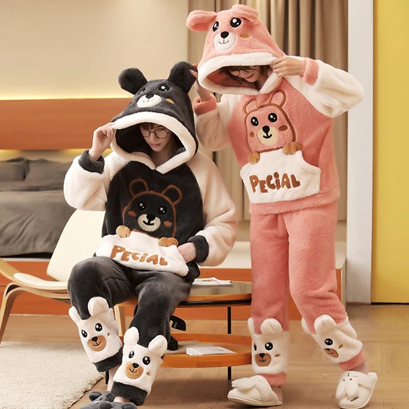 Anime Couple Pajamas Set Women Men Cartoon Bear Hoodies Korean Pyjamas Winter Thicken Warm Sleepwear Lovers Homewear