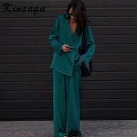 elegant womens blazer suits casual loose green double breasted long sleeve office suits fashion satin wide pants 2 piece set