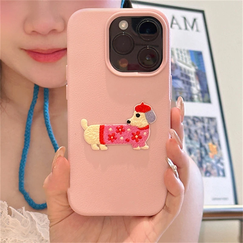 Корейский симпатичный мультяшный вышитый щенок кожаный чехол с рисунком для iPhone
