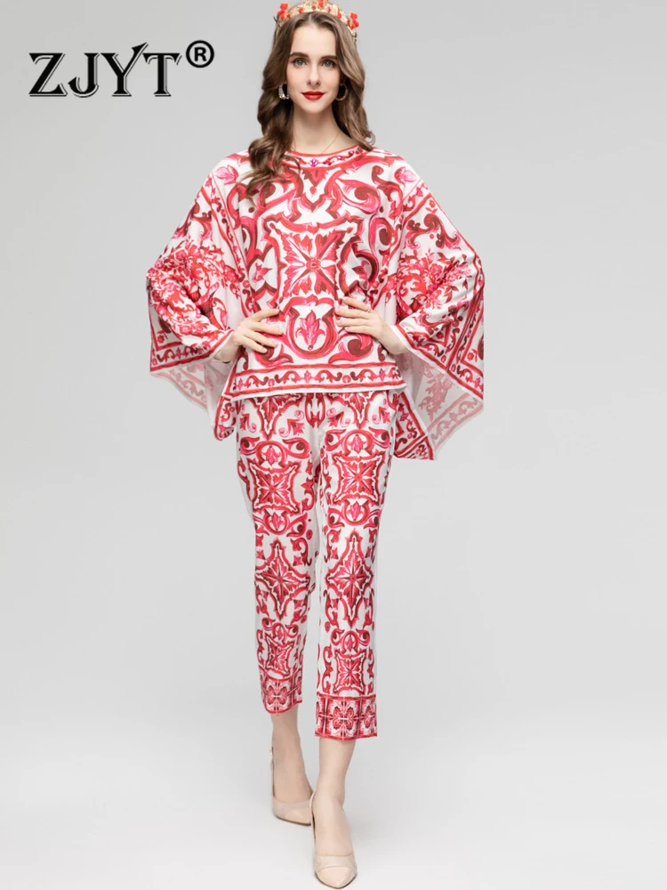 

Осенний костюм ZJYT из блузки и брюк с рукавом «летучая мышь», элегантный винтажный праздничный костюм из двух предметов с красным фарфоровым принтом
