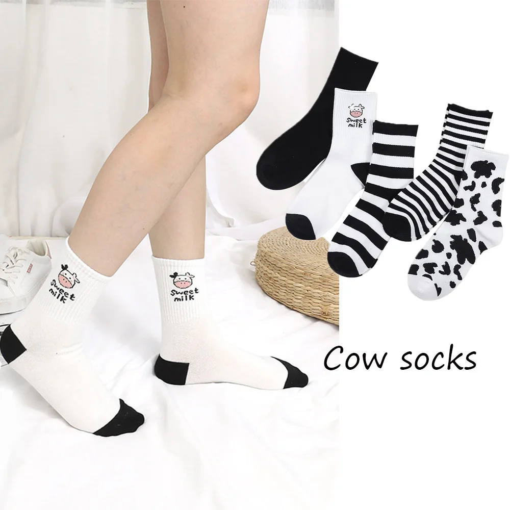 

Girls Women Striped Black White Cartoon Funny Cow Print Cow Socks Women Socks Cotton Hosiery