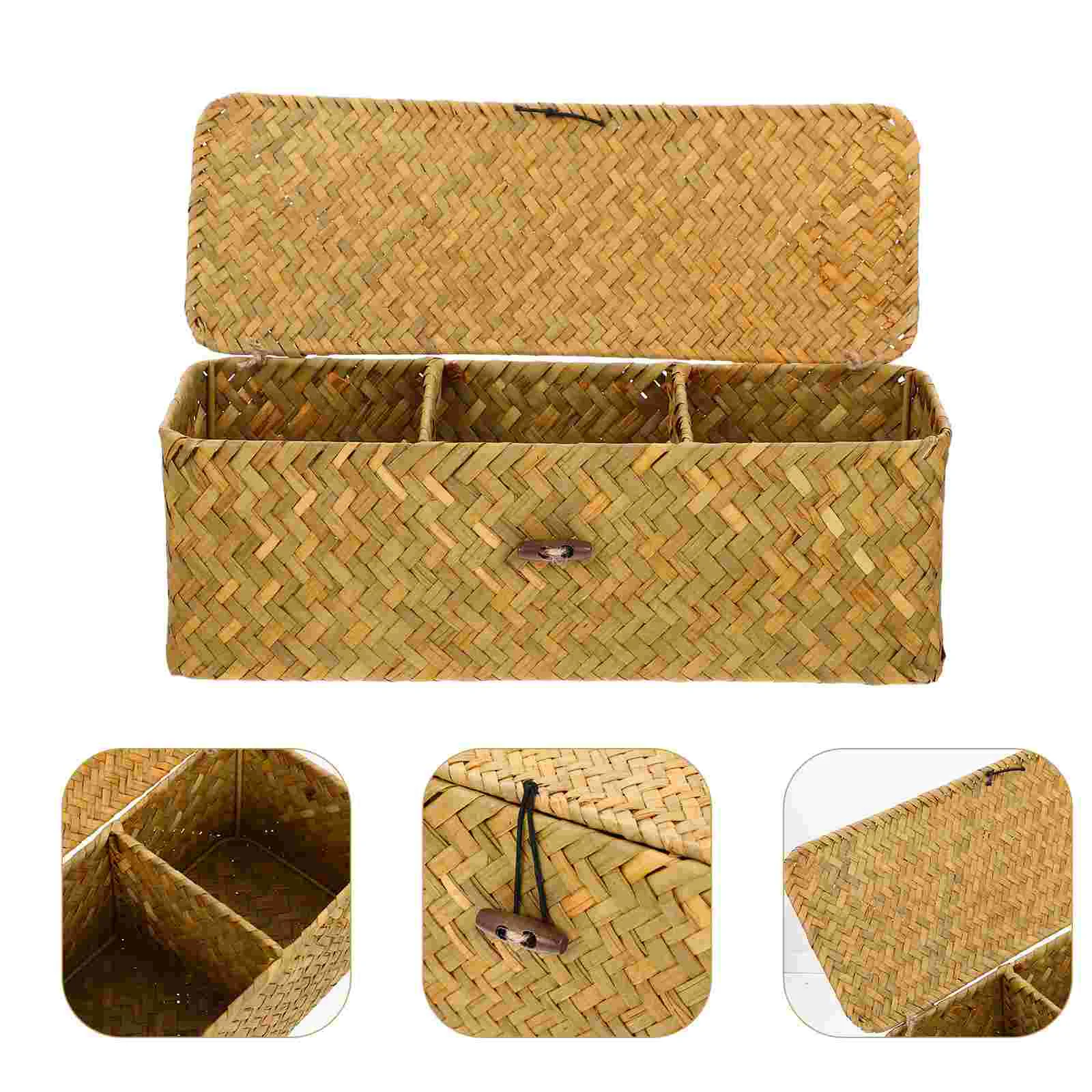 

Плетеная корзина с крышкой, Ротанговые настольные органайзеры, поднос для чехлов, коробка для гусиных предметов, ящик для хранения в рустик...