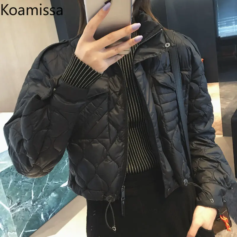 Koamissa Fashion Women Solid Parkas Ladies Thin Warm Winter Zipper Quilted Down Jackets Femme Outwear Wind Breaker Cropped Coats
