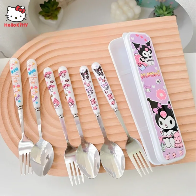 

Sanrio Anime Kuromi Flatware Set Box Kids Student Cartoon Cute Portable Spoon and Fork Two Piece Set Lunch Tableware Kids Gift