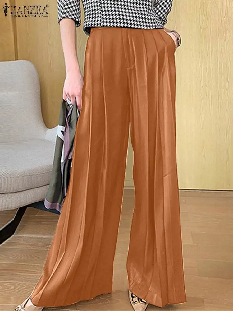 

Casual Loose Pantalon Stylish Palazzo Turnip Work Office OL Long Pant 2022 ZANZEA Spring Solid Trousers Elegant Women High Waist