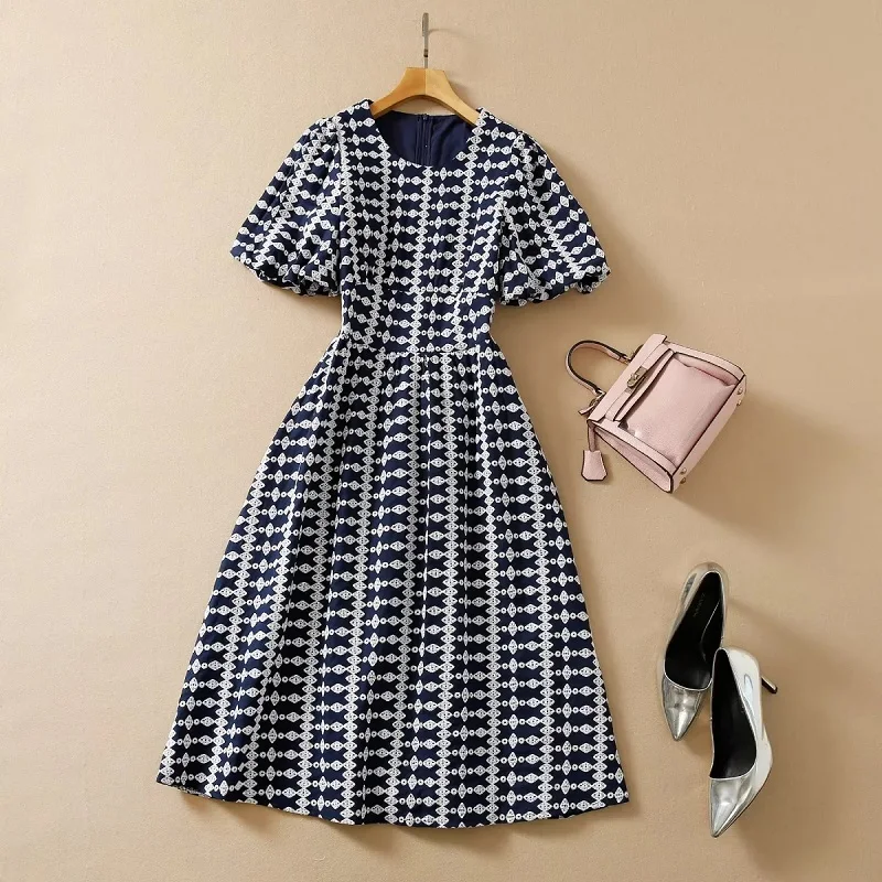 

New 2022 Summer Dress High Quality Women Allover Exquisite Embroidery Short Sleeve Mid-Calf Length Dark Blue Dress Vestido Festa