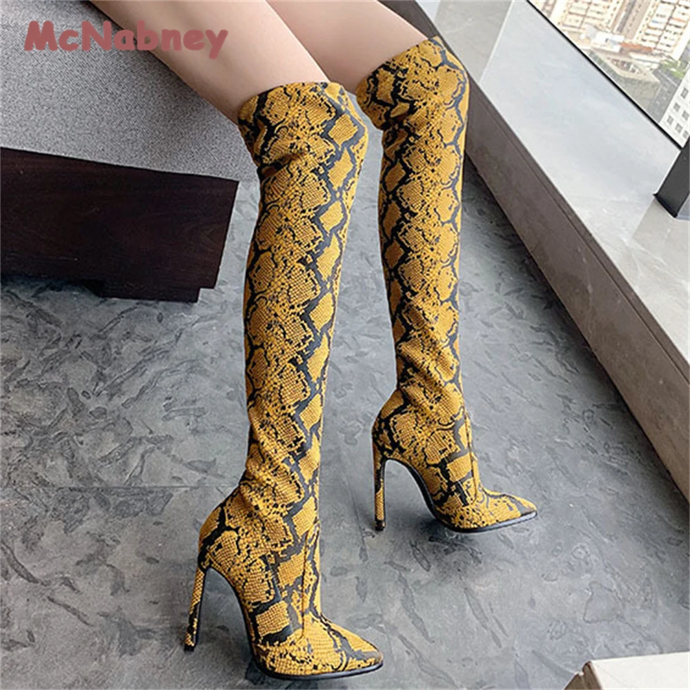 Fashion Boots Women Stiletto Pumps Stretch Snake Print Over Knee High Heel Elastic Skinny Boots Fashion Party Street Long Boots