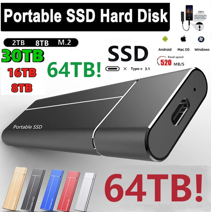 

Protable SSD High Speed 1TB Type-C USB3.1 8TB 4TB 2TB 1TB External Solid State Drive 500GB 1TB Mobile Hard Drive for Laptop PS4