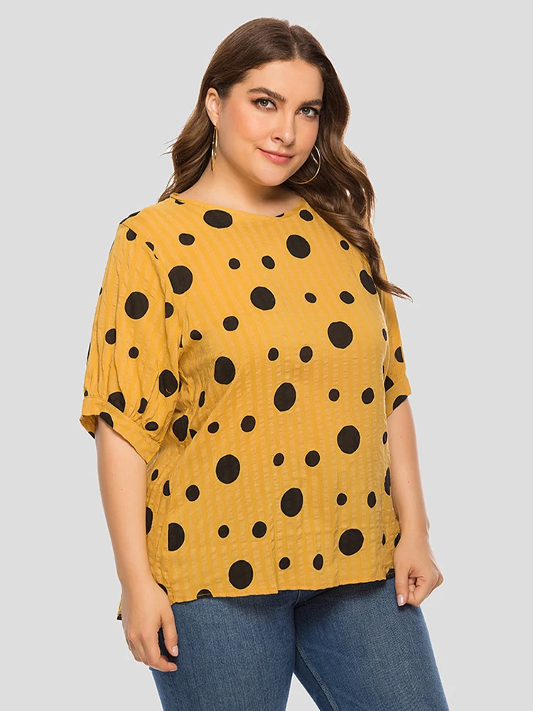 

2022 Plus Size Solid Color O-Neck Sexy Women Summer T Shirt Female Street Fashion Casual Polka Dots Tshirt