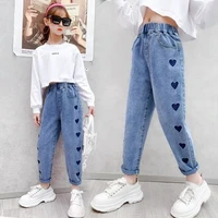 fashion casual spring autumn children big girl jeans pants love heart hole blue long trousers kids girls clothes costume 100 160