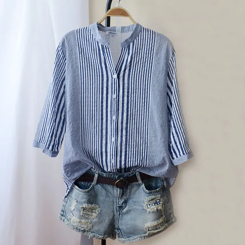 

Женские рубашки с пуговицами в полоску из хлопка и льна, летние винтажные 2023 с v-образным вырезом, с рукавом до локтя, тонкие элегантные женские топы
