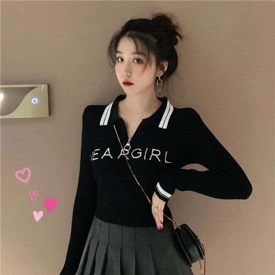 

Черный Свободный Топ на молнии с длинным рукавом, тонкий женский пуловер, вязаный свитер, джемпер, весенний Топ, одежда из ткани для женщин и ...