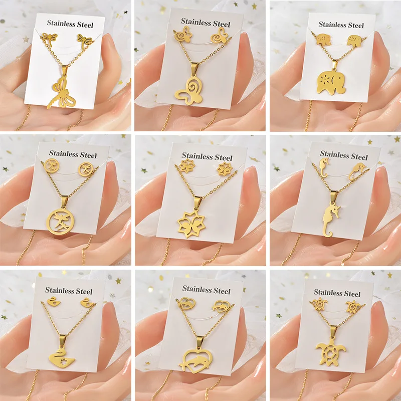 

20set/lot Trendy Stainless Steel Butterfly Turtle Animal Pendant Chain Necklace Stud Earring for Women Fashion Jewelry Set