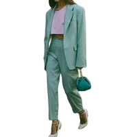 vintage green women bussiness suit pants one button notched lapel slim lady blazer trouser set office female clothing