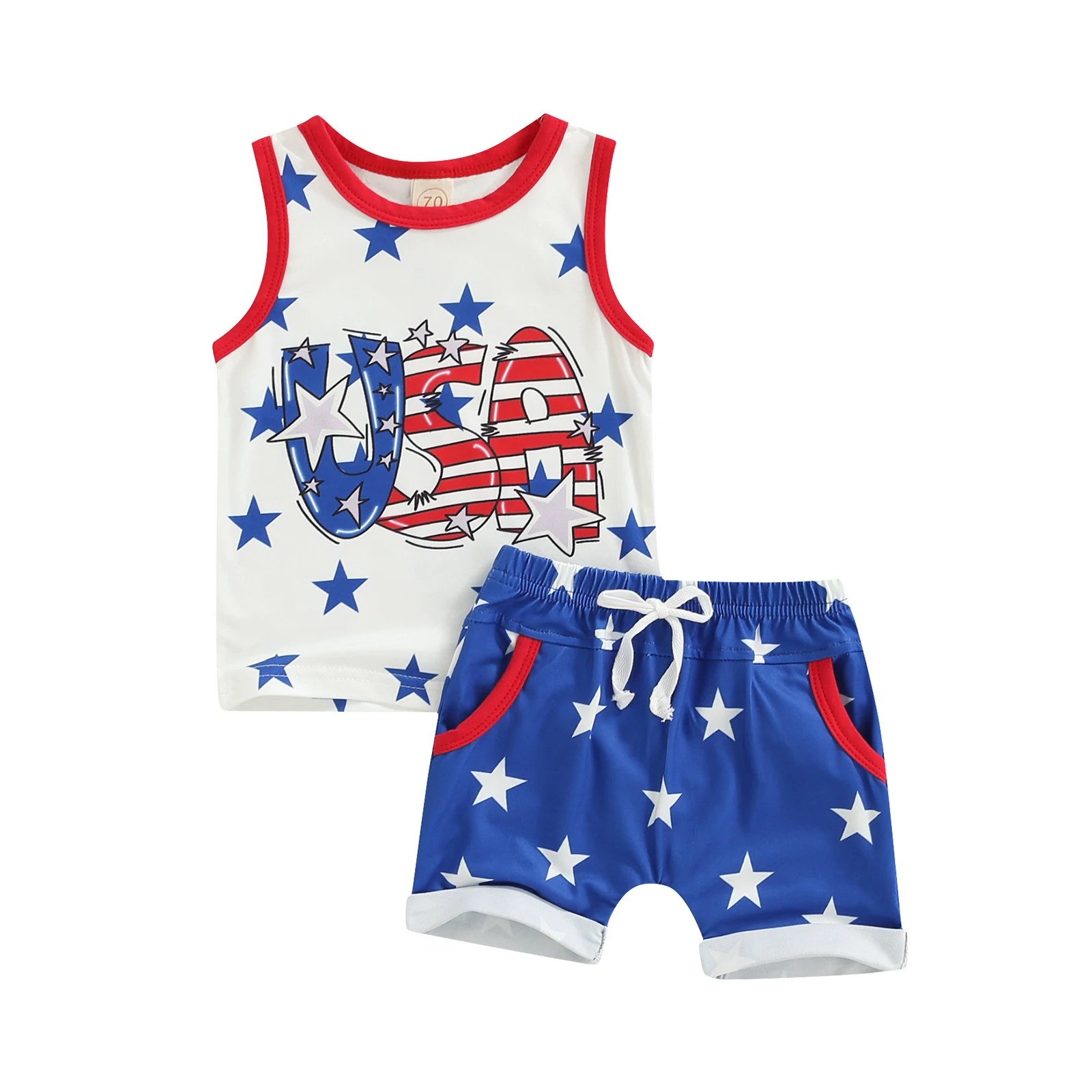 

2022-04-15 Lioraitiin 0-18M Baby Boy Girl 2Pcs Independence Day Star Stripe Pattern Vest Tops Elastic Waist Drawstring Shorts