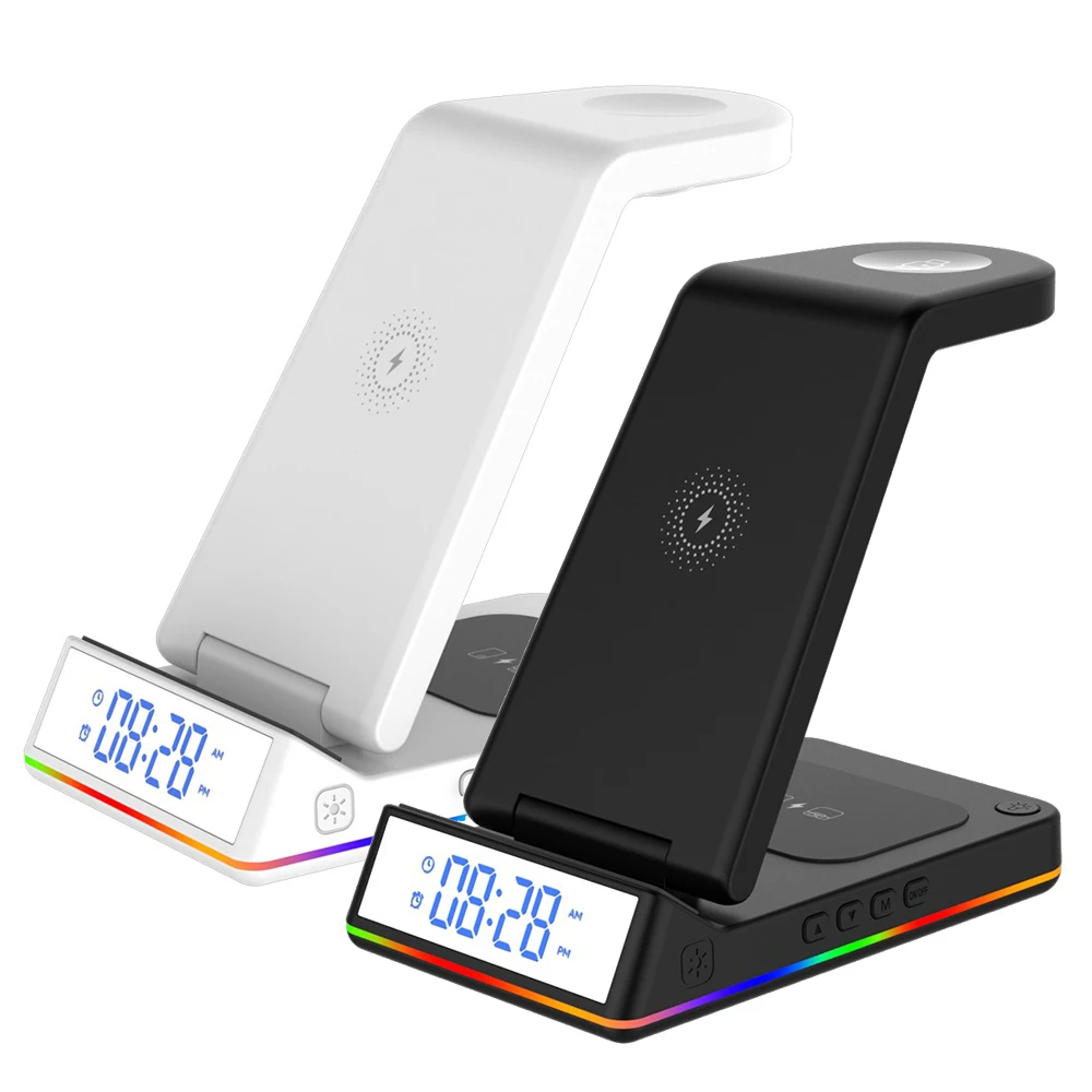 

15 Вт Быстрая Зарядка Док-станция Беспроводное зарядное устройство Стенд будильник ночник 4 3 в 1 для IPhone 14 13 12 11 Apple Watch 2022