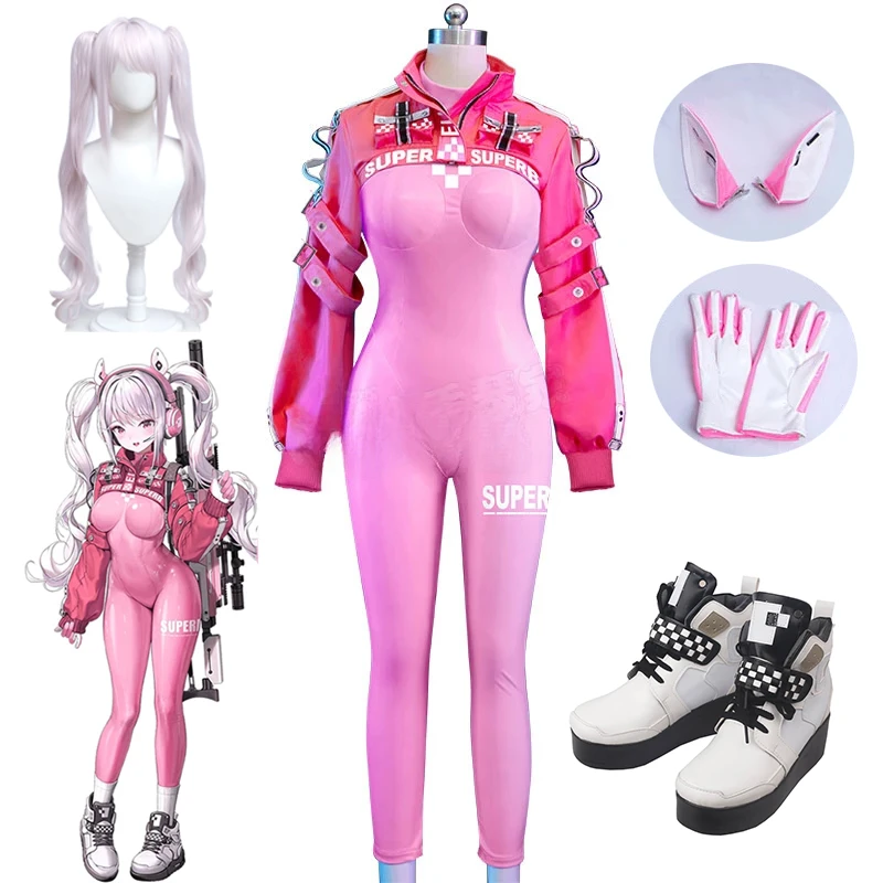 

Костюм для косплея Nikke Alice Game, пикантная обувь с париком, латексный костюм кошки, боди, розовый комбинезон, куртка, костюм для девушек