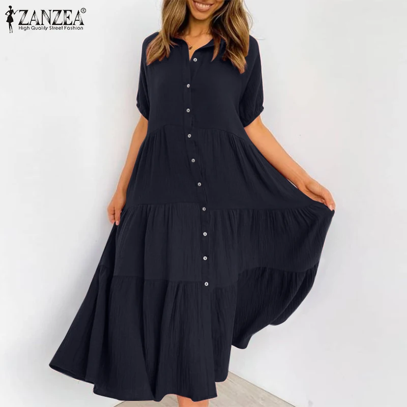 

ZANZEA Fashion Laple Neck Short Sleeve Solid Sundress Vintage Summer Women Ruffles Shirt Dress Solid Cotton Midi Vestidos Kaftan