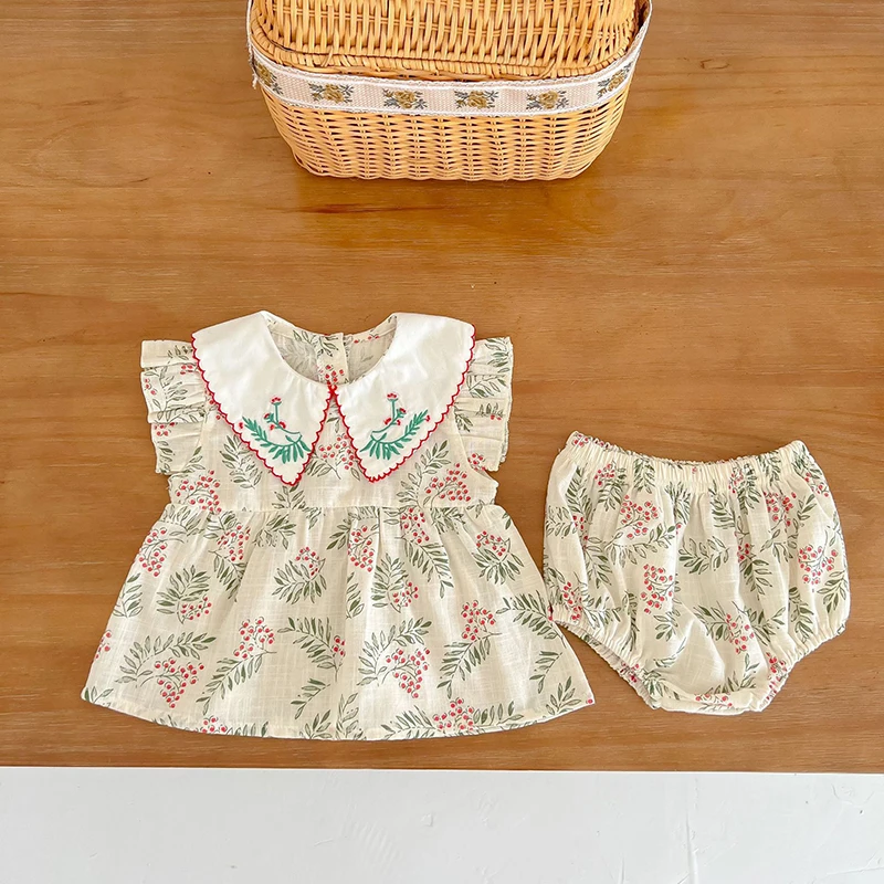 Yg 2022 Summer New Baby Girl's Floral Shirt Set Baby Embroidered Lapel Fly Sleeve Top + Bread Shorts Two-piece Girls' Set