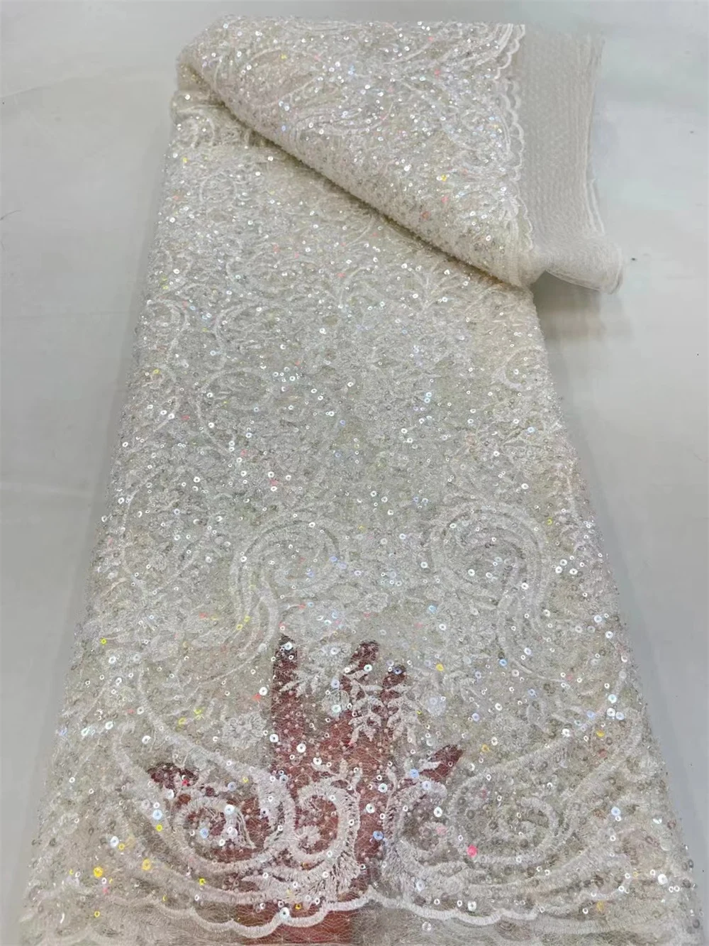 

African Sequins Lace Fabric Handmade Beaded Lace Fabric Embroidery French Textile 5 Yards For Wedding Evening Party Dress JJ0018