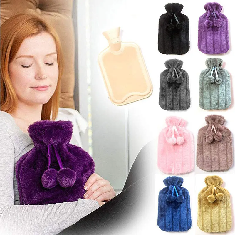 

2000ml Plush Faux Fur Hand Warmer Winter Hot Water Bottles Pure Natural Rubber Cosy Grey Cover Back Neck Waist Hand Bed Warm