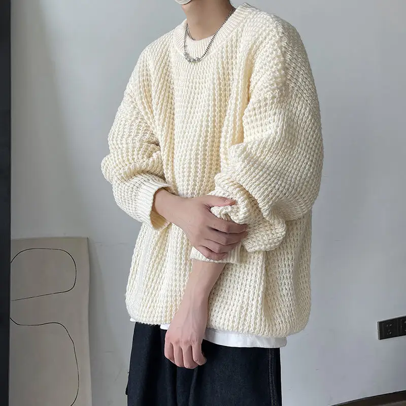 Hong Kong Style Ins Solid Color Round-neck Sweater Men's Autumn and Winter Trend Slouchy Loose Thick Thread Sweater O-Neck