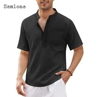 samlona plus size men solid basic t shirt short sleeve cotton linen tops latest summer casual pullovers sexy mens clothing 2022