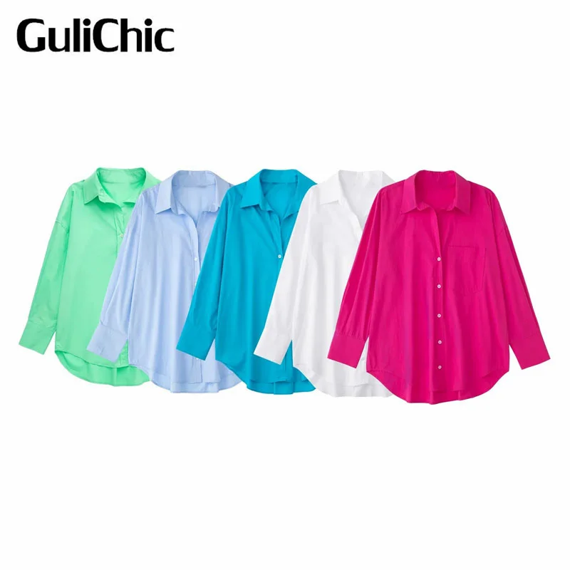 

7.22 GuliChic Women Simple Solid Color Single Pocket Decorate Fashion Loose Casual Shirt