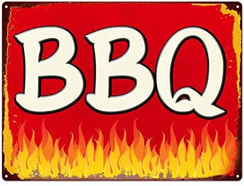 

BBQ Tin Signs,BBQ Party Beef Pork Chicken Cold Drink on Red Fire Vintage Metal Tin Signs for Men Women, Wall Decor