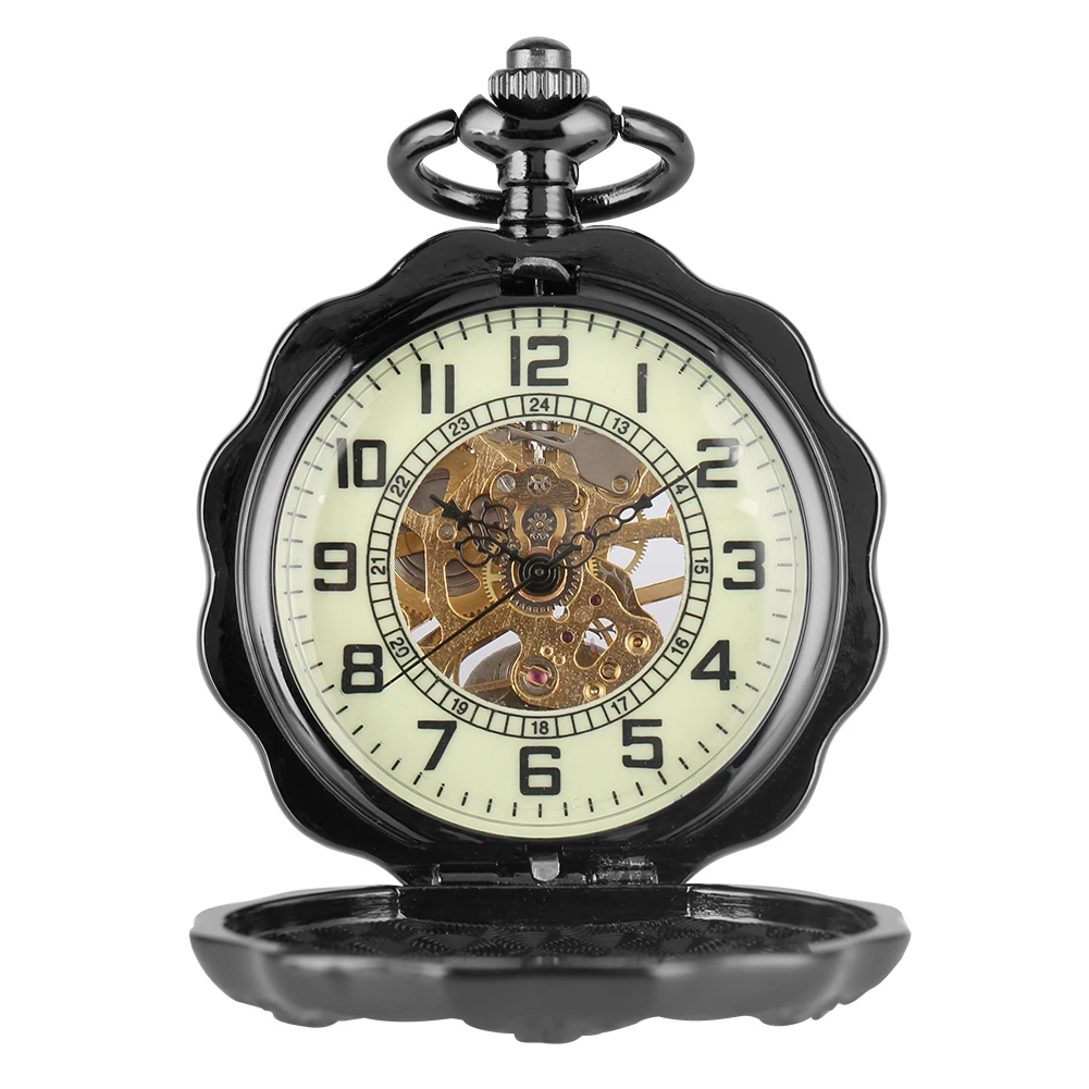 Pumpkin Shaped Mechanical Pocket Watch Black/Luminous Green Dial Vintage Pendant Hand Winding Fob Timepiece Unisex Vintage Clock