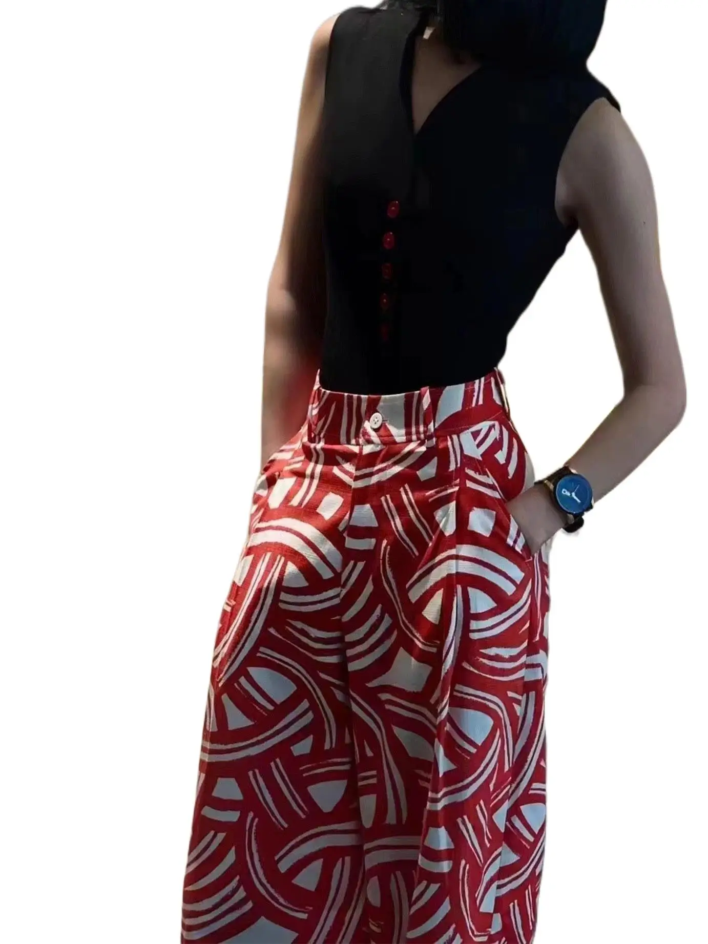

2023 Women's Clothing Black Suit Vest Linen Printed Wide Leg Pants Suit 0726