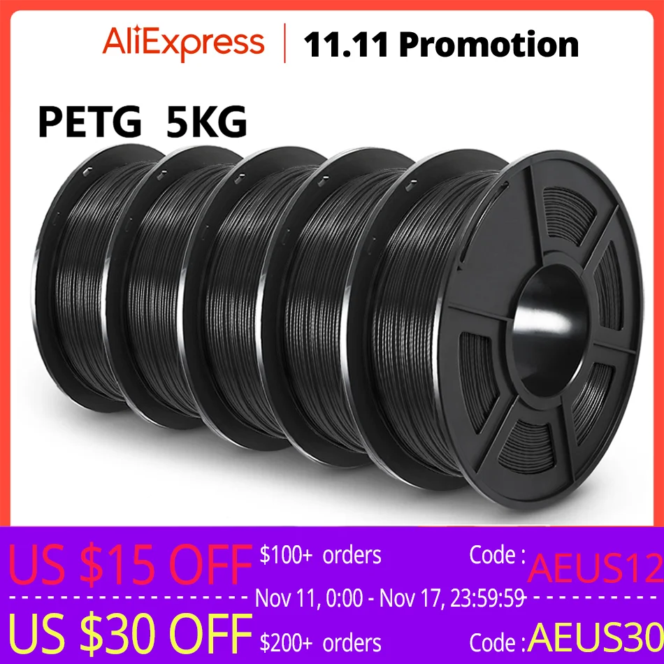 SUNLU PETG 3D Filament 1KG 1.75MM 5Rolls Arranged Neatly Clogging Free No Bubble Odorless Eco-Friendly Good Toughness