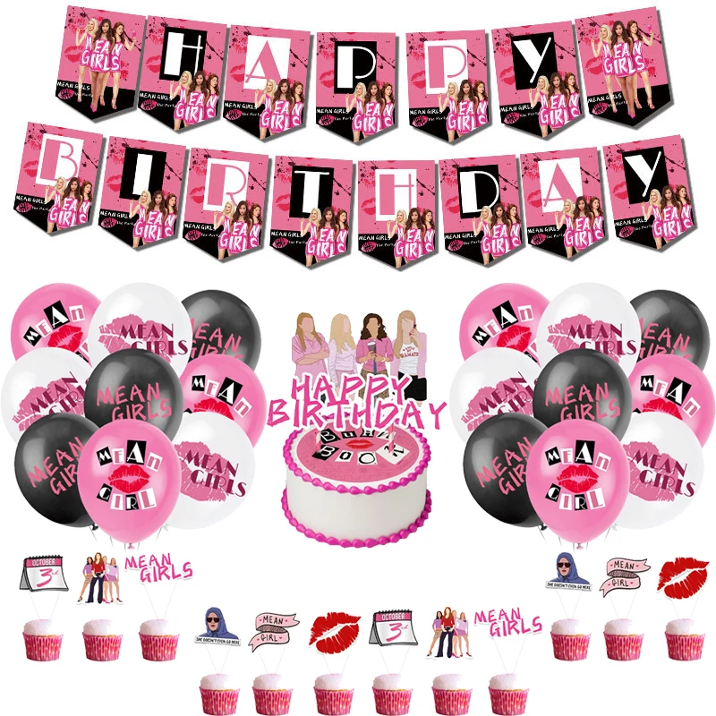 

2022 New Disney Cartoon Mean Girl Pink Theme Birthday Party Articles Latex Balloon Cake Decoration Banner Baby Shower Girl Gift