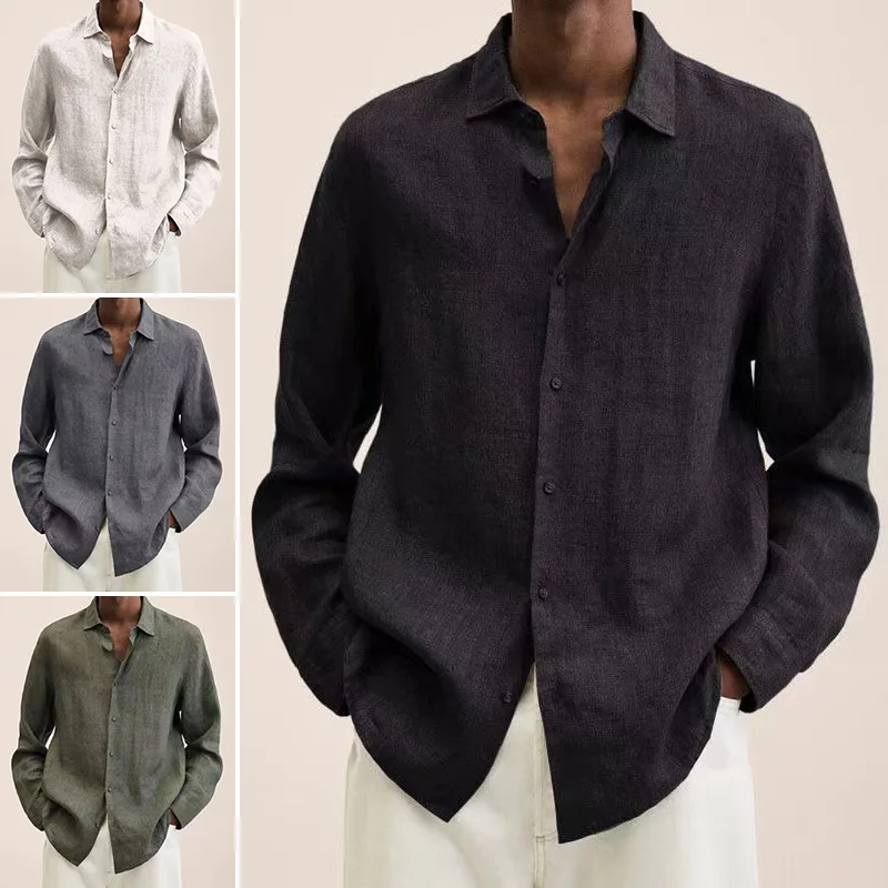 

Рубашка мужская из хлопка и льна, Повседневная Блузка с длинным рукавом, с лацканами, на пуговицах, уличная одежда, однотонная блузка, весна-...